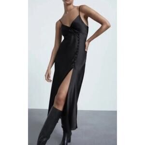 Zara Satin Button Slip Midi Dress Casual Wardrobe Black Women's S